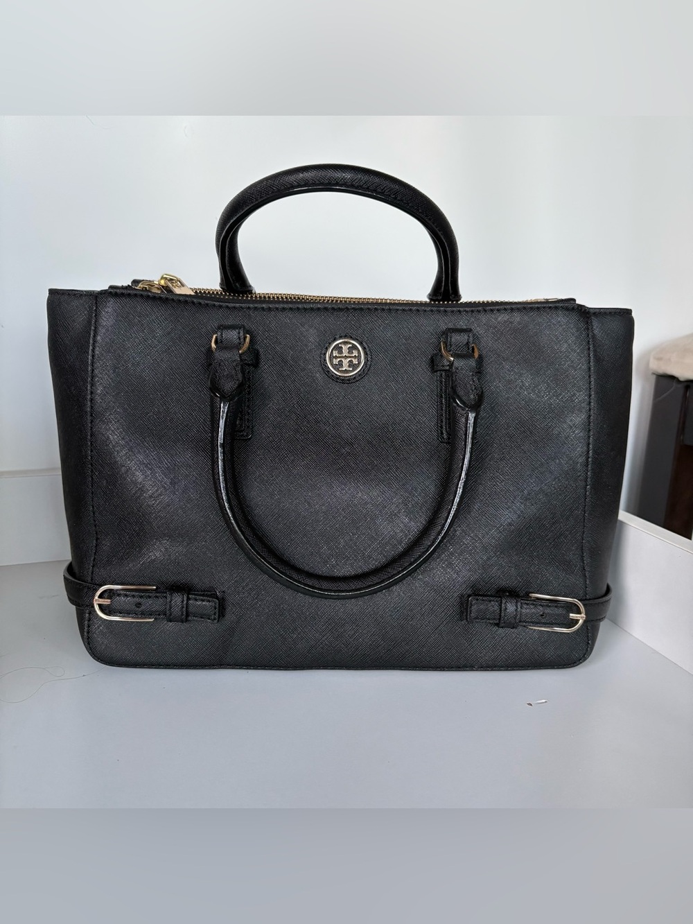 Tory Burch Robinson Saffiano Leather Double Zip Satchel - Black
